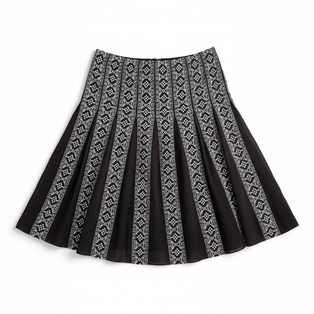 Ann Taylor Brown Embroidered Pleated Cotton A-Line Skirt Size 4 Geometric Boho